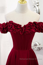 Wine Red Satin Off Shoulder Beaded Long Formal Dress, Wine Red A-Line Semi Formal Prom Dress
